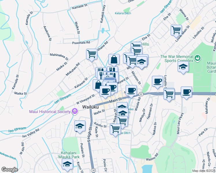 map of restaurants, bars, coffee shops, grocery stores, and more near 1976 East Vineyard Street in Wailuku