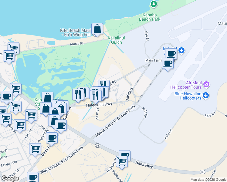 map of restaurants, bars, coffee shops, grocery stores, and more near Kahului Airport Rd in Kahului