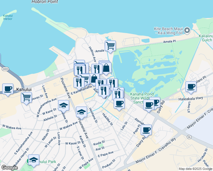 map of restaurants, bars, coffee shops, grocery stores, and more near 150 Hana Highway in Kahului