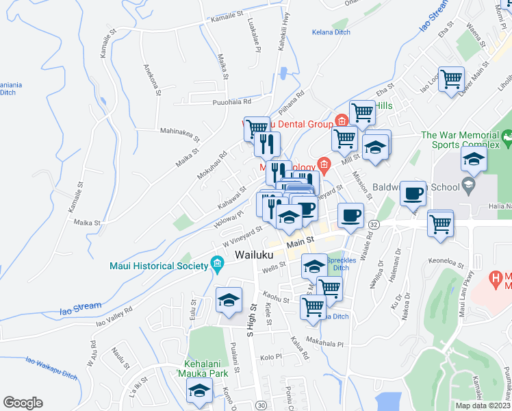 map of restaurants, bars, coffee shops, grocery stores, and more near 2123 Holowai Place in Wailuku