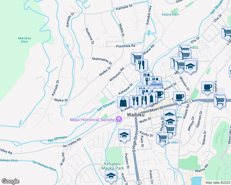 map of restaurants, bars, coffee shops, grocery stores, and more near 2170 Kahawai Street in Wailuku