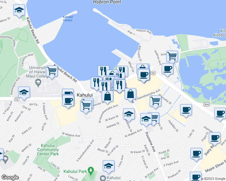map of restaurants, bars, coffee shops, grocery stores, and more near 65 West Kaahumanu Avenue in Kahului