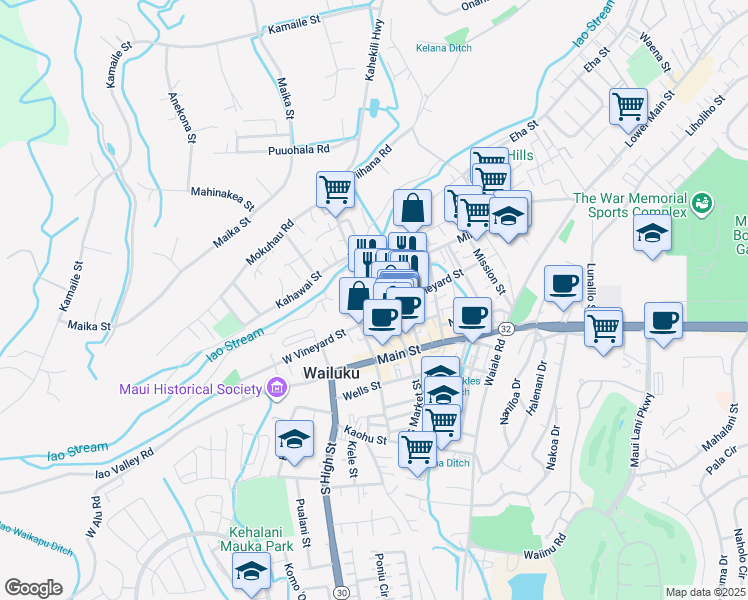 map of restaurants, bars, coffee shops, grocery stores, and more near 1981 Olu Drive in Wailuku