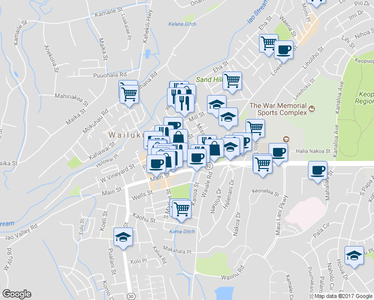 map of restaurants, bars, coffee shops, grocery stores, and more near 63 Wailani Street in Wailuku