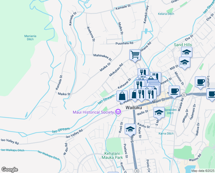 map of restaurants, bars, coffee shops, grocery stores, and more near 377 Konahea Street in Wailuku