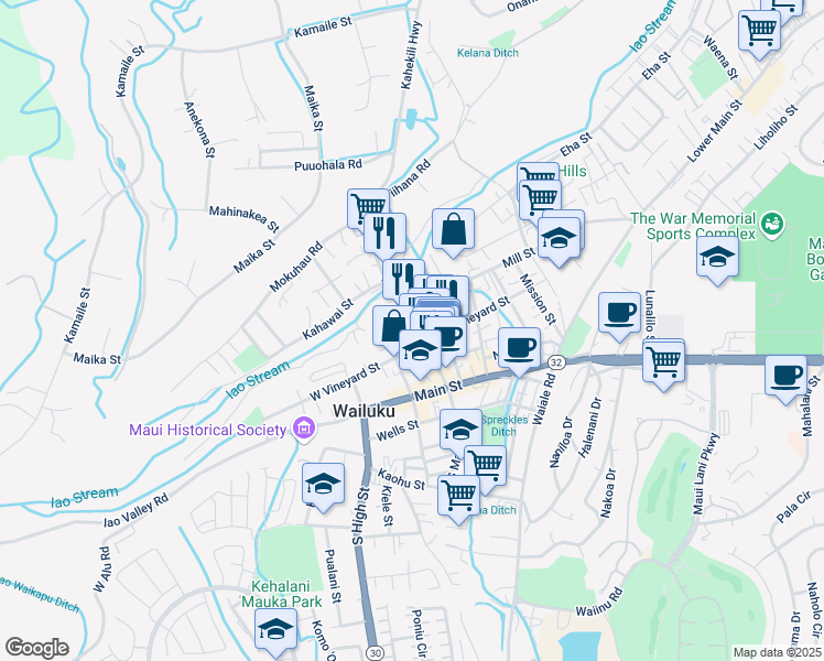 map of restaurants, bars, coffee shops, grocery stores, and more near 1981 Olu Drive in Wailuku