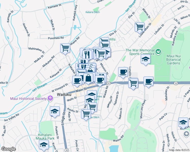 map of restaurants, bars, coffee shops, grocery stores, and more near 1821 East Vineyard Street in Wailuku