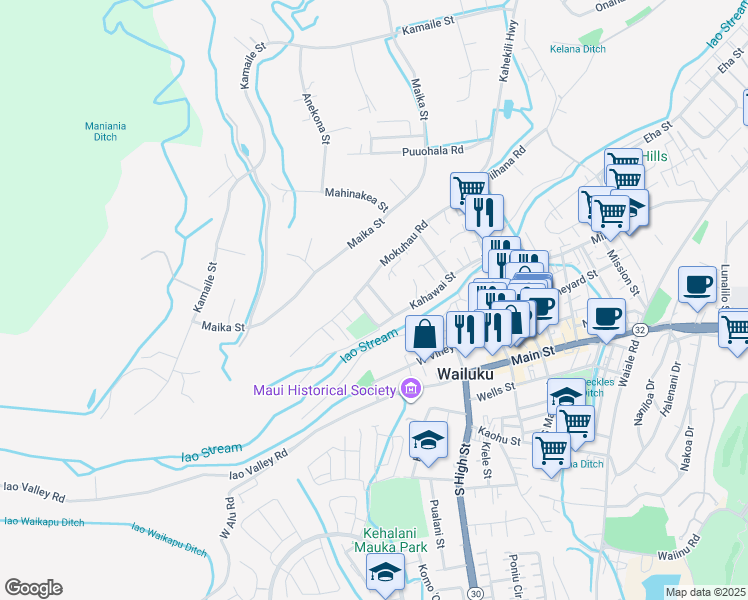 map of restaurants, bars, coffee shops, grocery stores, and more near 377 Konahea Street in Wailuku