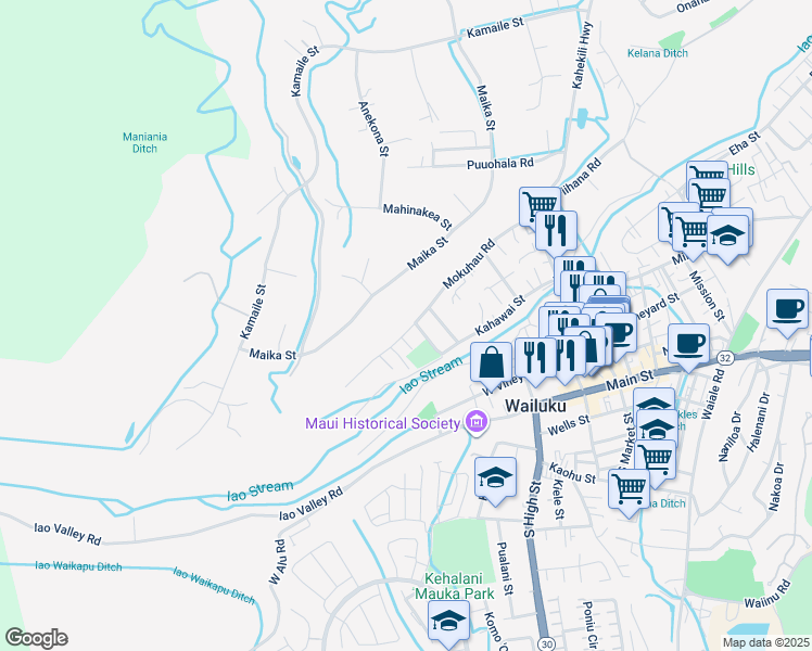 map of restaurants, bars, coffee shops, grocery stores, and more near 2224 Mokuhau Road in Wailuku