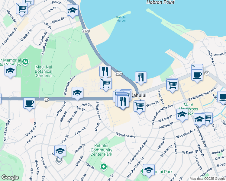 map of restaurants, bars, coffee shops, grocery stores, and more near 310 West Kaahumanu Avenue in Kahului