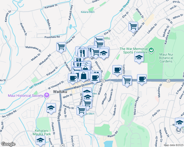 map of restaurants, bars, coffee shops, grocery stores, and more near 60 Wailani Street in Wailuku