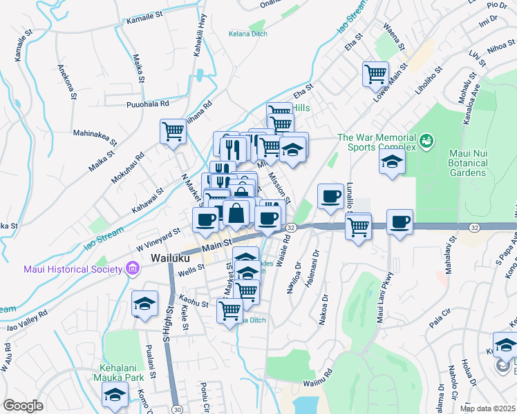 map of restaurants, bars, coffee shops, grocery stores, and more near 60 Wailani Street in Wailuku