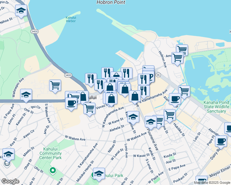 map of restaurants, bars, coffee shops, grocery stores, and more near 65 West Kaahumanu Avenue in Kahului