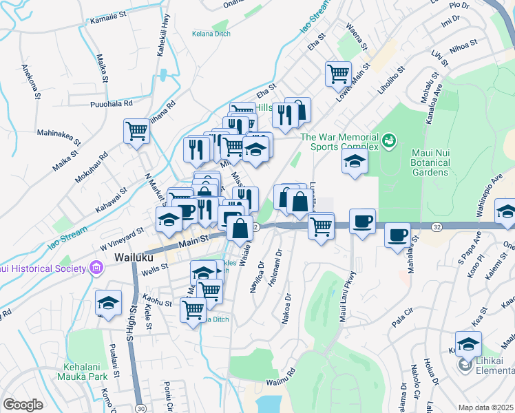 map of restaurants, bars, coffee shops, grocery stores, and more near 1649 Lower Main Street in Wailuku