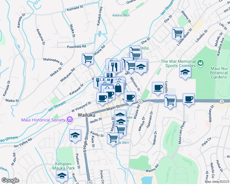 map of restaurants, bars, coffee shops, grocery stores, and more near 1923A East Vineyard Street in Wailuku