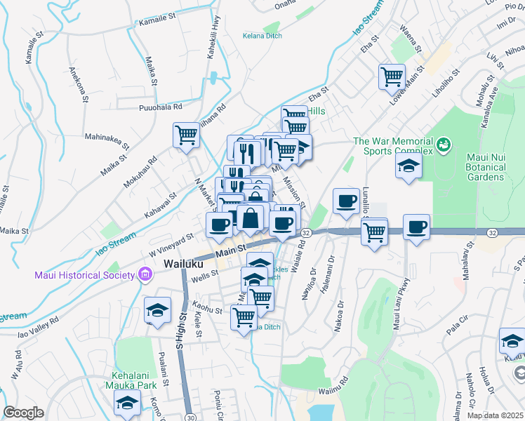 map of restaurants, bars, coffee shops, grocery stores, and more near 1821 East Vineyard Street in Wailuku