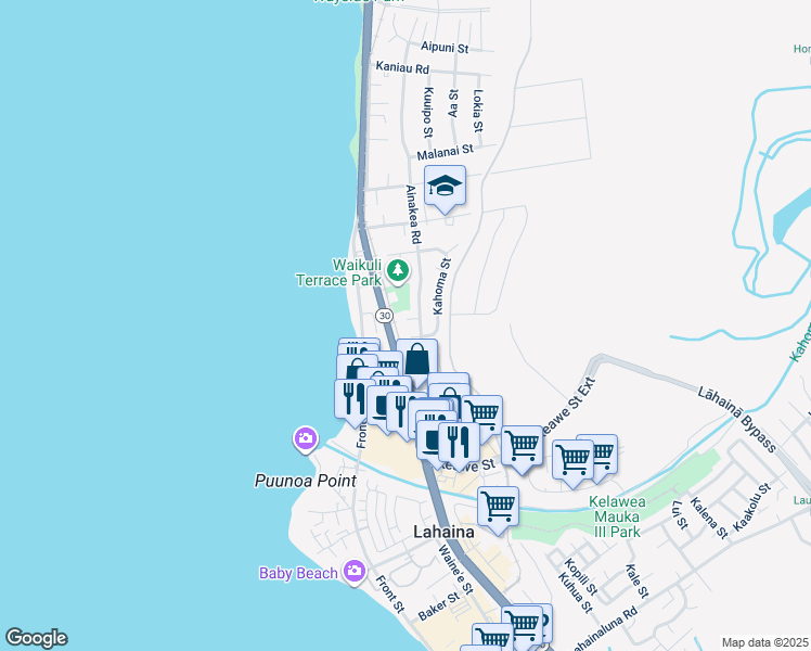 map of restaurants, bars, coffee shops, grocery stores, and more near 114 Malolo Place in Lahaina