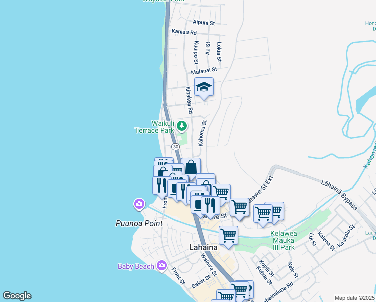 map of restaurants, bars, coffee shops, grocery stores, and more near 120 Malolo Place in Lahaina