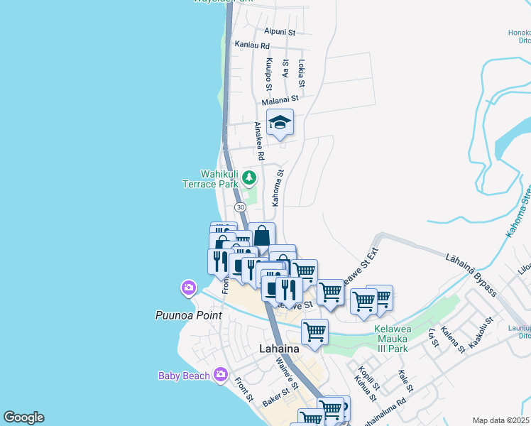 map of restaurants, bars, coffee shops, grocery stores, and more near 1316 Ainakea Road in Lahaina