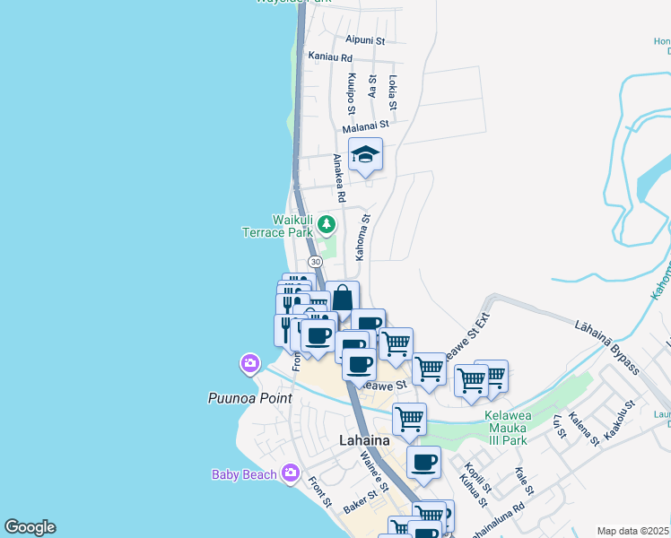 map of restaurants, bars, coffee shops, grocery stores, and more near 120 Malolo Place in Lahaina