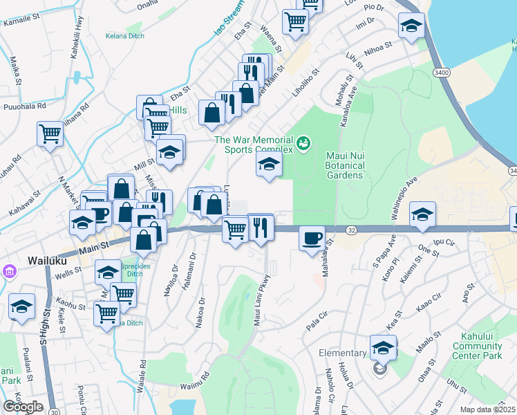 map of restaurants, bars, coffee shops, grocery stores, and more near Kaahumanu Avenue in Wailuku