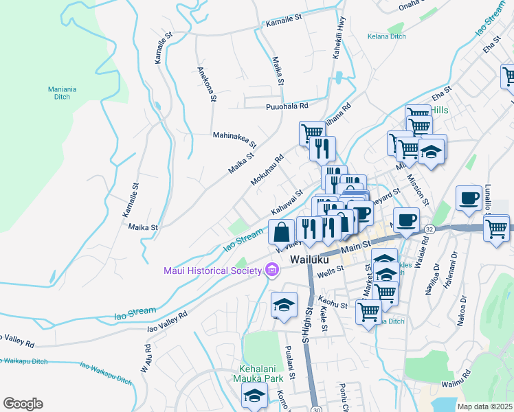map of restaurants, bars, coffee shops, grocery stores, and more near 360 Konahea Street in Wailuku