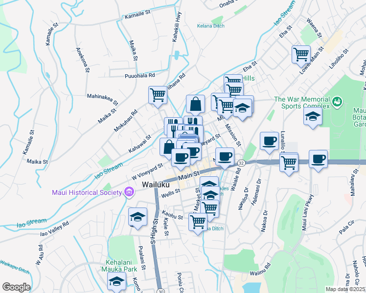 map of restaurants, bars, coffee shops, grocery stores, and more near 1981 Olu Drive in Wailuku