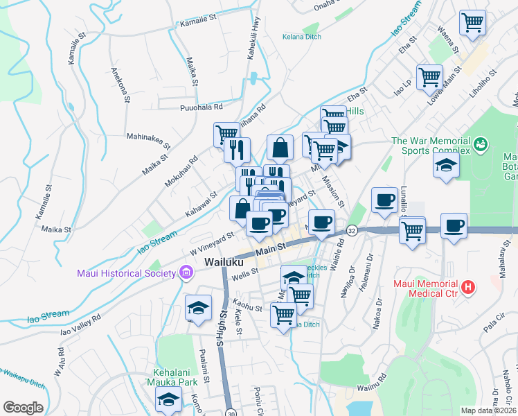 map of restaurants, bars, coffee shops, grocery stores, and more near 1981 Olu Drive in Wailuku