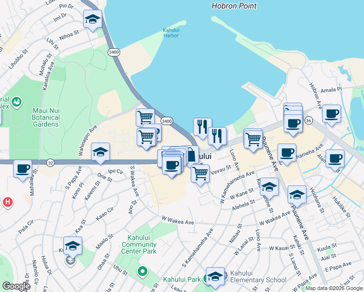 map of restaurants, bars, coffee shops, grocery stores, and more near 65 Kahului Beach Road in Kahului