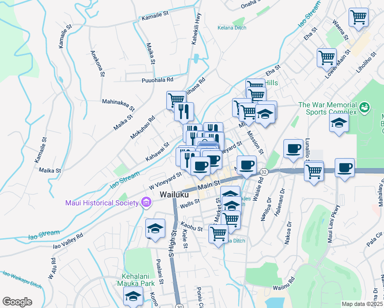 map of restaurants, bars, coffee shops, grocery stores, and more near in Wailuku