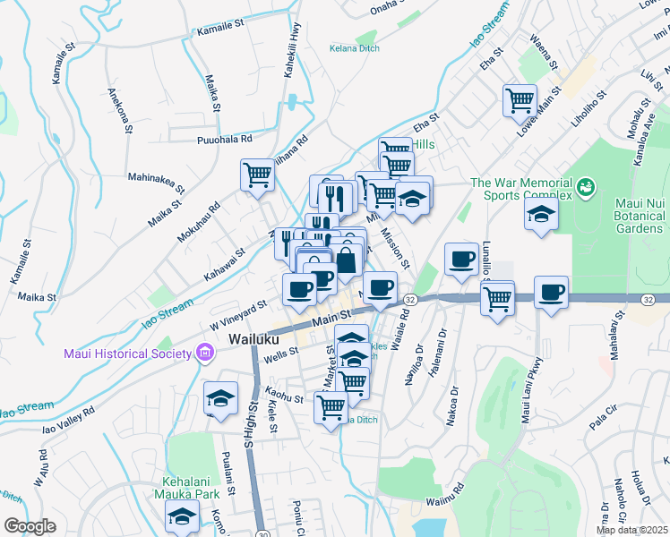 map of restaurants, bars, coffee shops, grocery stores, and more near 1923A East Vineyard Street in Wailuku