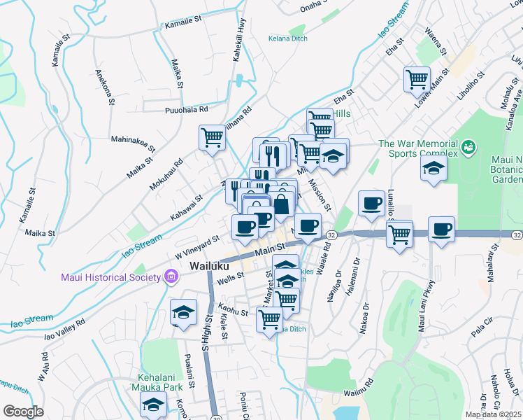map of restaurants, bars, coffee shops, grocery stores, and more near 1950 East Vineyard Street in Wailuku