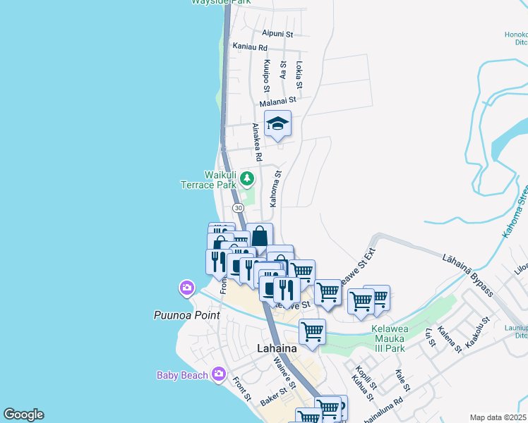 map of restaurants, bars, coffee shops, grocery stores, and more near 1322 Ainakea Road in Lahaina