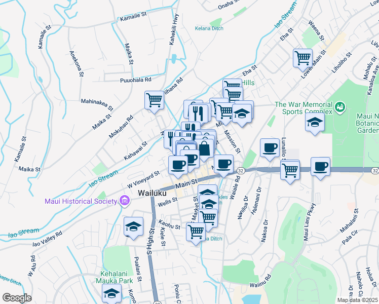 map of restaurants, bars, coffee shops, grocery stores, and more near 1950 East Vineyard Street in Wailuku