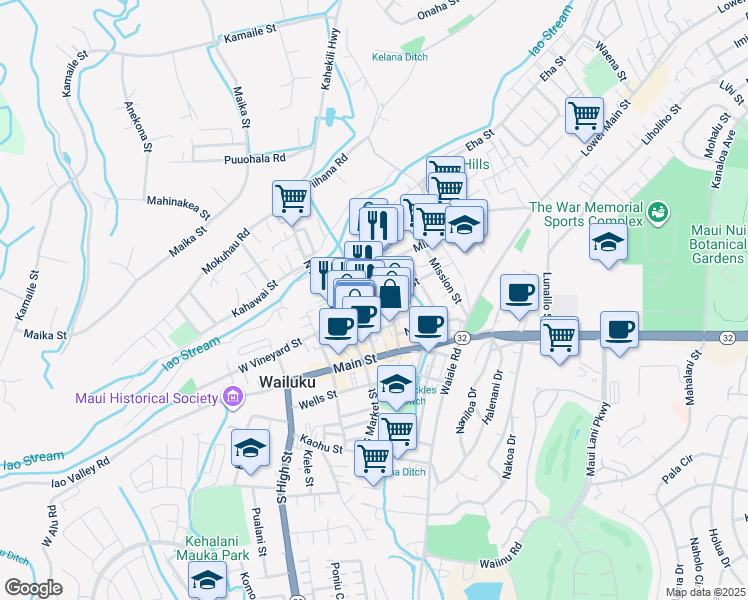 map of restaurants, bars, coffee shops, grocery stores, and more near 1920A East Vineyard Street in Wailuku