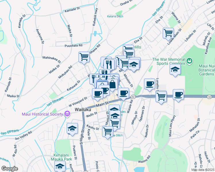map of restaurants, bars, coffee shops, grocery stores, and more near 1930 East Vineyard Street in Wailuku