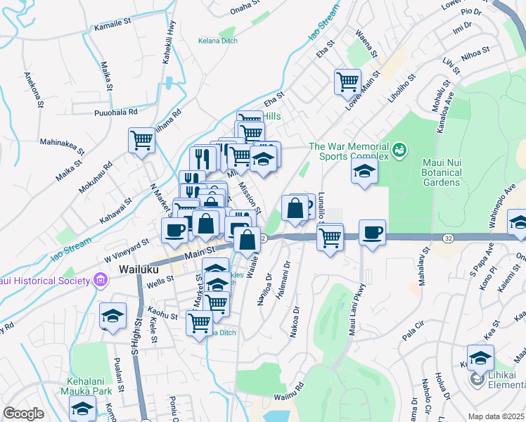 map of restaurants, bars, coffee shops, grocery stores, and more near 69 Mission Street in Wailuku