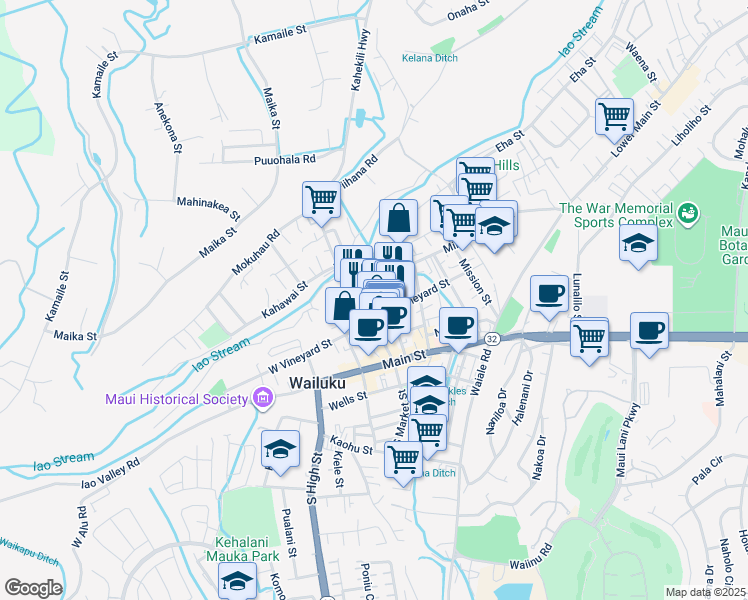 map of restaurants, bars, coffee shops, grocery stores, and more near 1987 Olu Drive in Wailuku