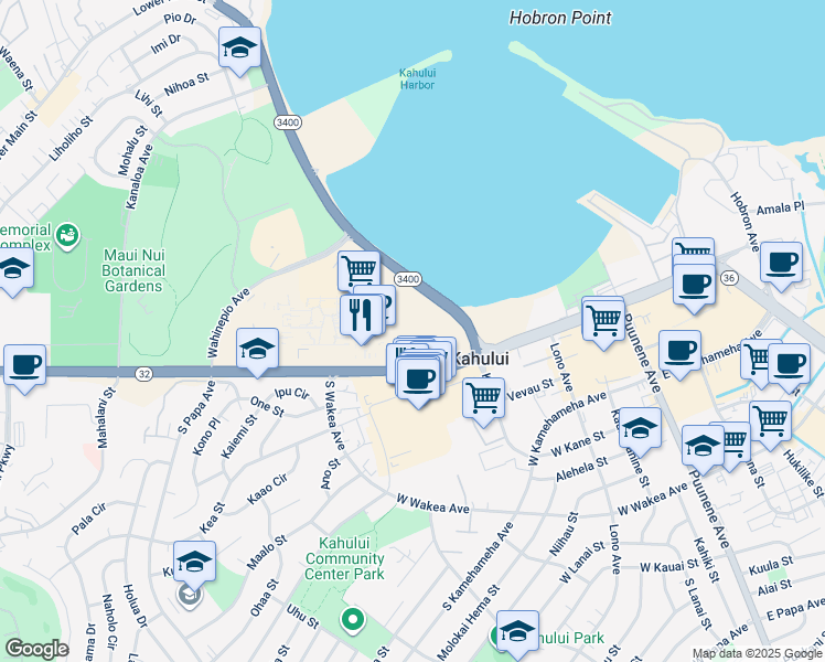map of restaurants, bars, coffee shops, grocery stores, and more near 111 Kahului Beach Road in Kahului