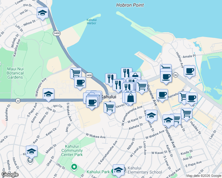 map of restaurants, bars, coffee shops, grocery stores, and more near 170 West Kaahumanu Avenue in Kahului