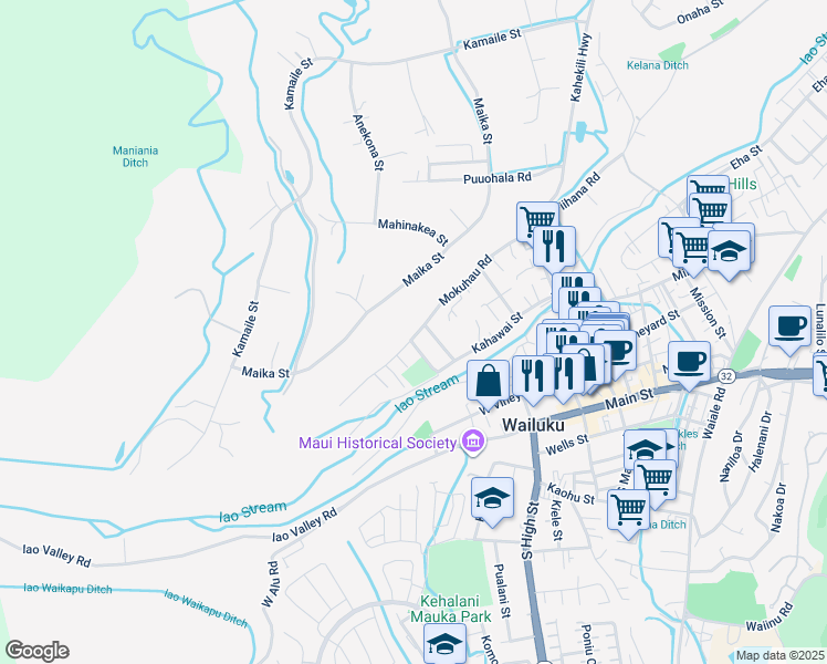 map of restaurants, bars, coffee shops, grocery stores, and more near 2202 Mokuhau Road in Wailuku