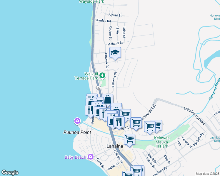 map of restaurants, bars, coffee shops, grocery stores, and more near 1330 Ainakea Road in Lahaina