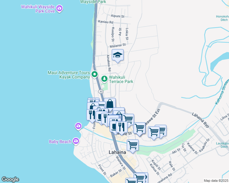map of restaurants, bars, coffee shops, grocery stores, and more near 1336 Ainakea Road in Lahaina