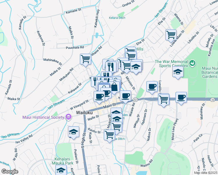 map of restaurants, bars, coffee shops, grocery stores, and more near 1930 East Vineyard Street in Wailuku
