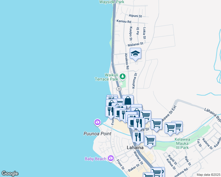 map of restaurants, bars, coffee shops, grocery stores, and more near 1403 Front Street in Lahaina