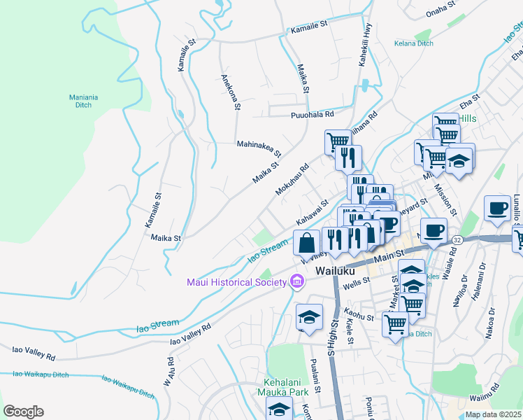 map of restaurants, bars, coffee shops, grocery stores, and more near 2198 Mokuhau Road in Wailuku