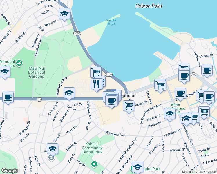 map of restaurants, bars, coffee shops, grocery stores, and more near 111 Kahului Beach Road in Kahului
