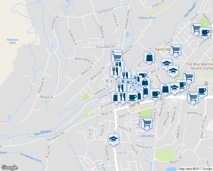 map of restaurants, bars, coffee shops, grocery stores, and more near 2140 Kahawai Street in Wailuku
