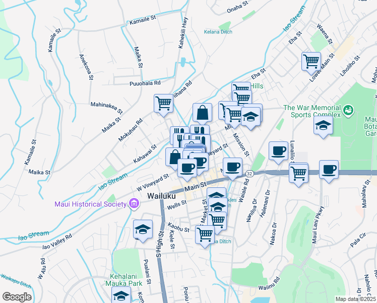 map of restaurants, bars, coffee shops, grocery stores, and more near 1981 Olu Drive in Wailuku