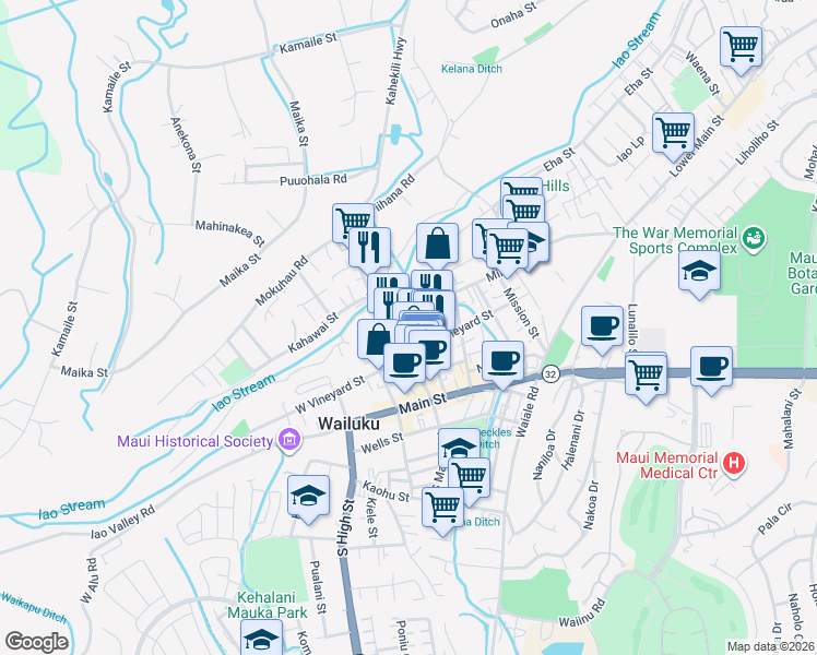 map of restaurants, bars, coffee shops, grocery stores, and more near 1981 Olu Drive in Wailuku